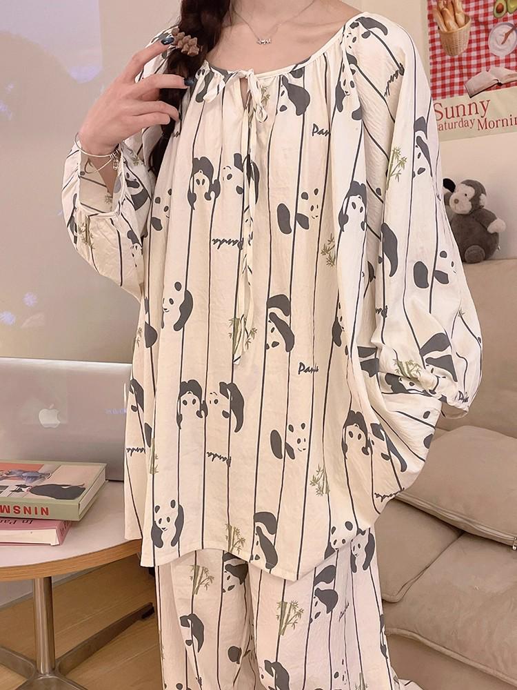 Women's Sweet Pure Cotton Pajama Set - Round Neck, Long Sleeve, Long Pants, Comfortable Home Wear for Spring & Autumn