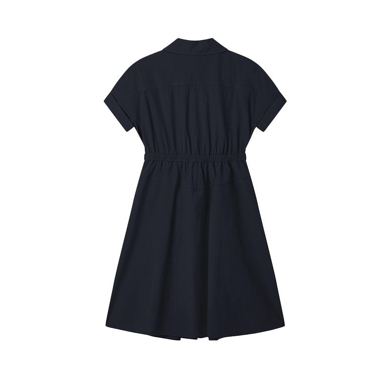 Fila White Simple Casual Daily Comfortable Waist-Defined Button Solid Color Versatile Short Sleeve Dress Women Dresses Legendary-Blue F11W523301FNV