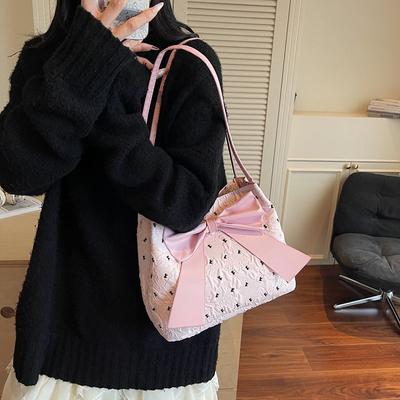 New Fashion Bubble Yarn Women's Shoulder Bag Bow Polka Dot Design Women's Underarm Bag Large Capacity All-Match Tote Bag