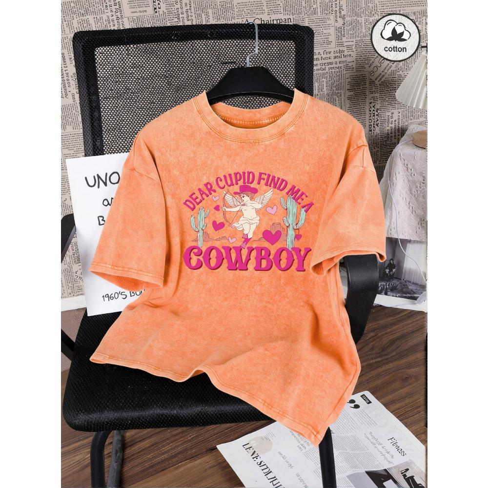 Dear Cupid Cowboy Desert Cactus Prints Washed T Shirts Womens Summer O-Neck Short Sleeve Trendy Cotton Top Loose T-Shirt