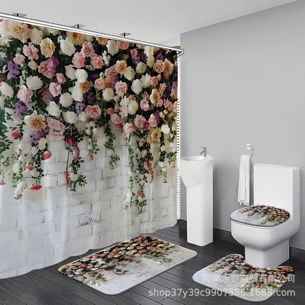 Elegant Floral Shower Curtain Set - Four-Piece, Moisture & Mildew-Proof, No Drilling Needed