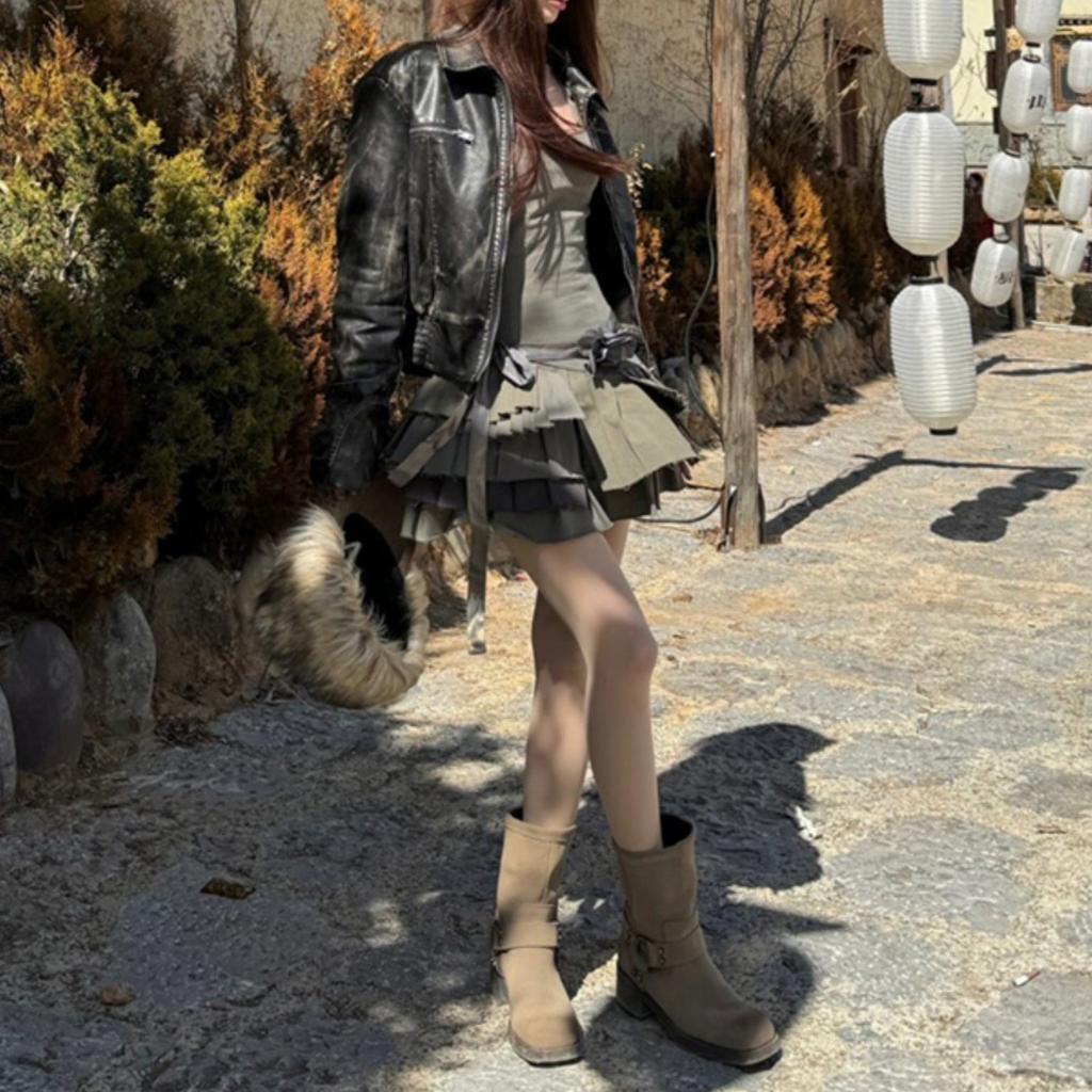 Vintage Maillard Belt Buckle Medium Boots Western Cowboy Boots Martin Boots Women's Autumn and Winter Thick Heel Square Head Short Boots