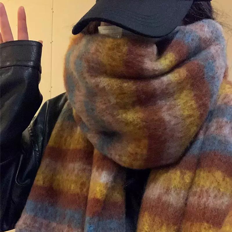 

Korean Version, Striped Scarf, Women s, Winter New Style, High-end, Brushed, Colorful, Warm Scarf, Dual-use for Couple s Shawl 35*205cm