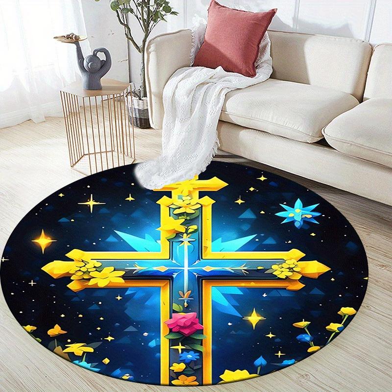 1pc Soft, Absorbent & Non Slip Cross Covered with Flowers Round Rug Soft Circle Rug for Living Room & Bedroom Decor, Chair Mats, and Unforge