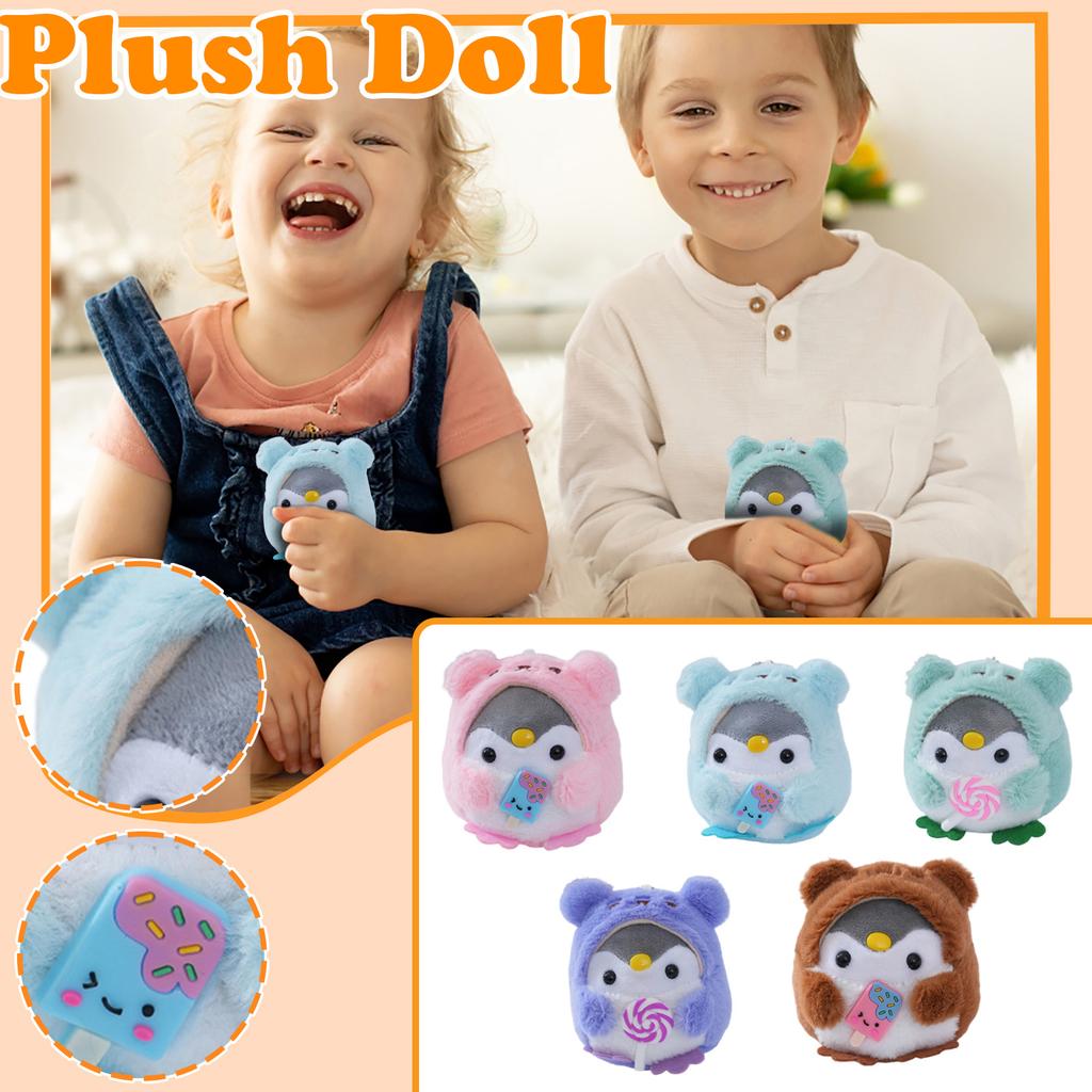 Plush Penguin Stuffed Animal Keychain Soft Toy with Ice Cream Accessory and Bear Hood Cute Design for Kids and Collectors