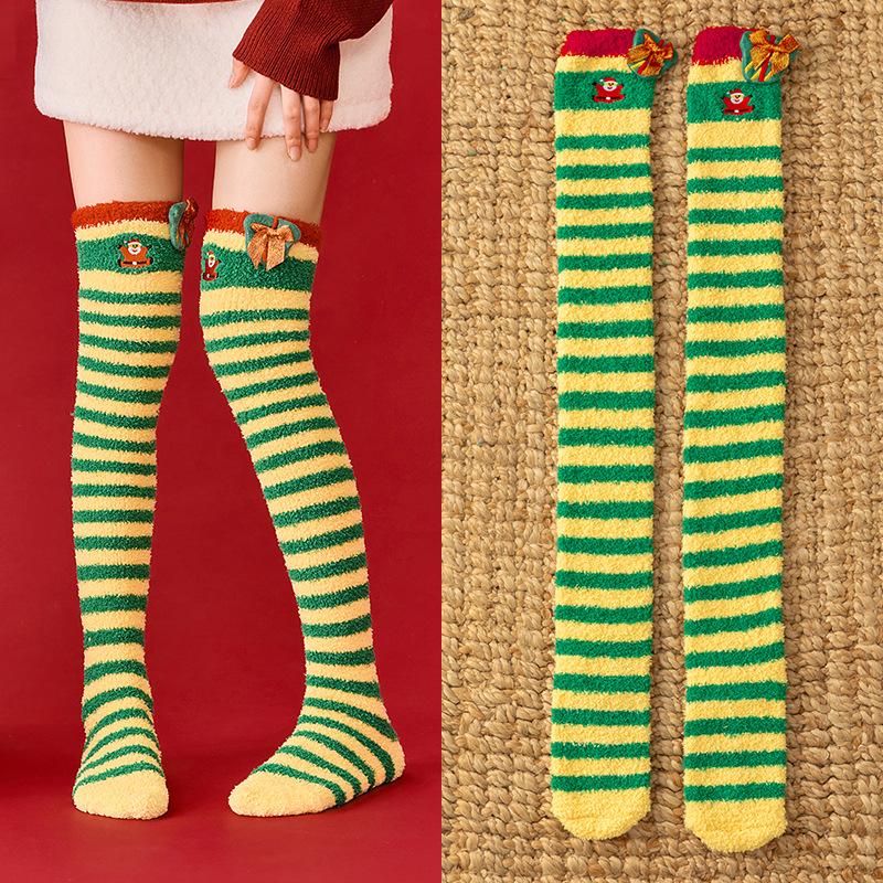 Autumn and Winter Coral Fleece Sleep Socks Thickened and Warm Christmas Gift Cartoon Calf Socks Half-fleece Women's Over-the-knee Socks