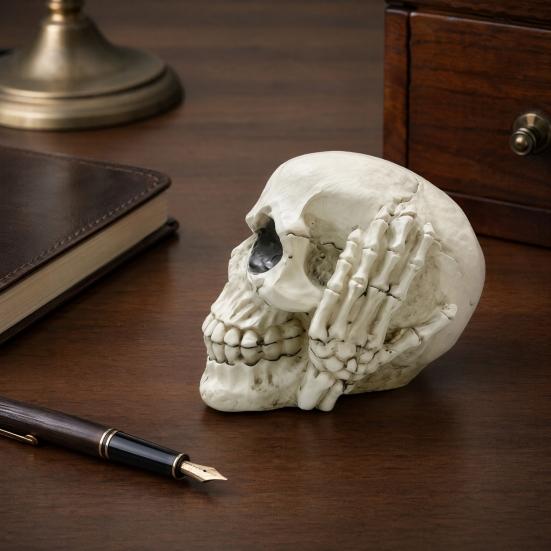 Halloween Totenkopf Figur, Höre Sie Sprich Kein Böses Skelettkopf Statue, Gotische Harz Heimdekoration für Schreibtisch, Bücherregal, Kaminsims, Tischplatte
