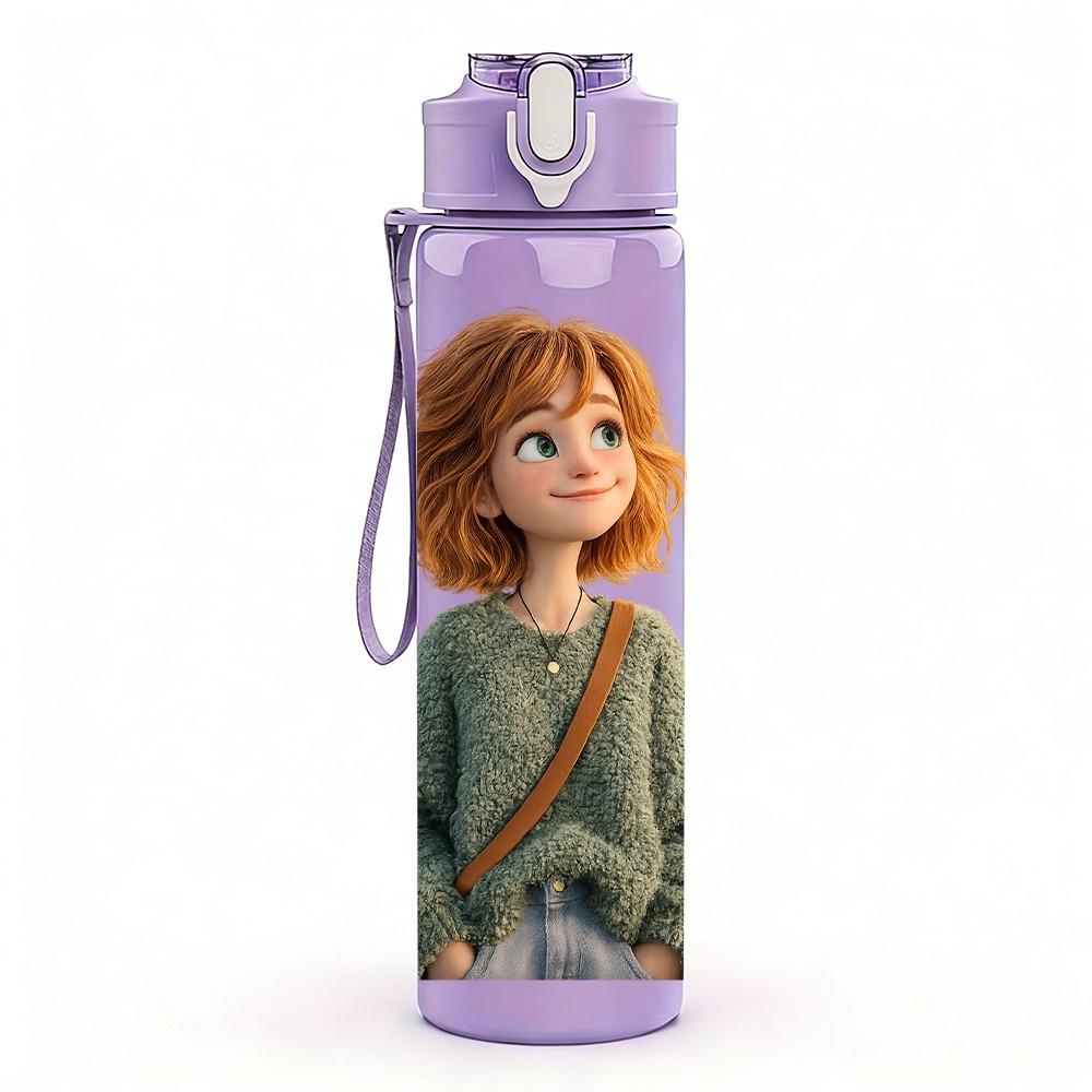 1PC Short Hair Girl In Green Coat Print 750ml Color Plastic Sports Water Bottle Leakproof Flip Straw Lid Suitable for Sports Office Home Use