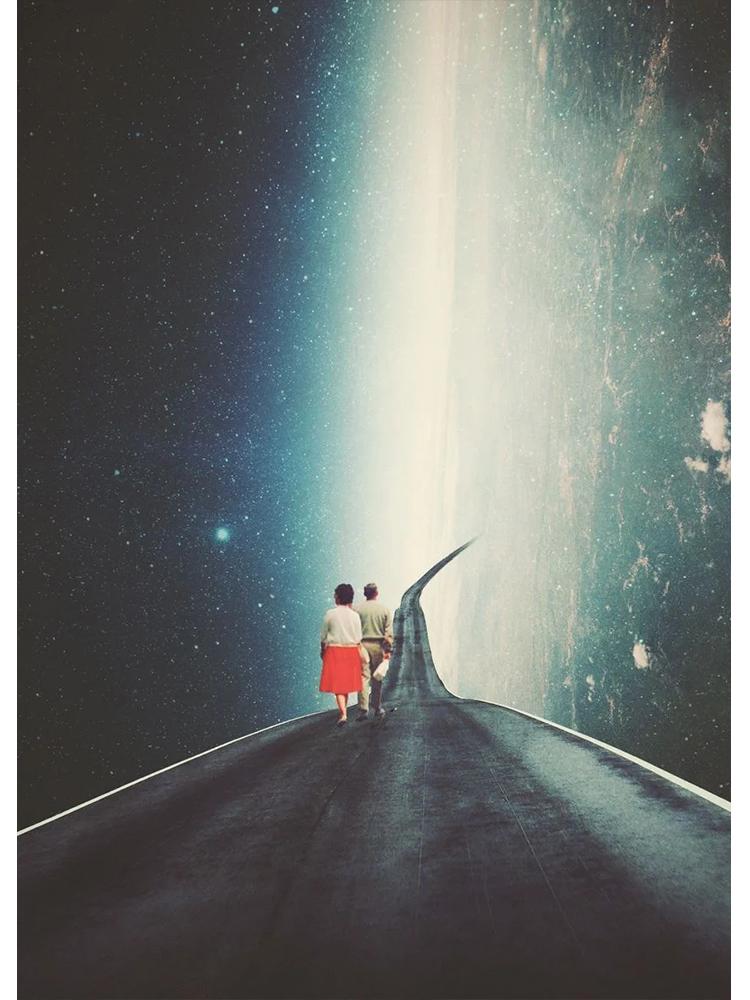 Vinatge Space Collage Night Sky Posters Canvas Painting Galaxy Moon Surrealism Wall Art Picture For Living Room Home Decoration