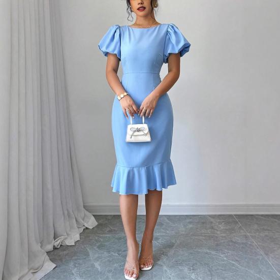 Women's Short Puff Sleeve Bodycon Dresses Crew Neck Ruffle Mermaid Hem Dress Cocktail Wedding