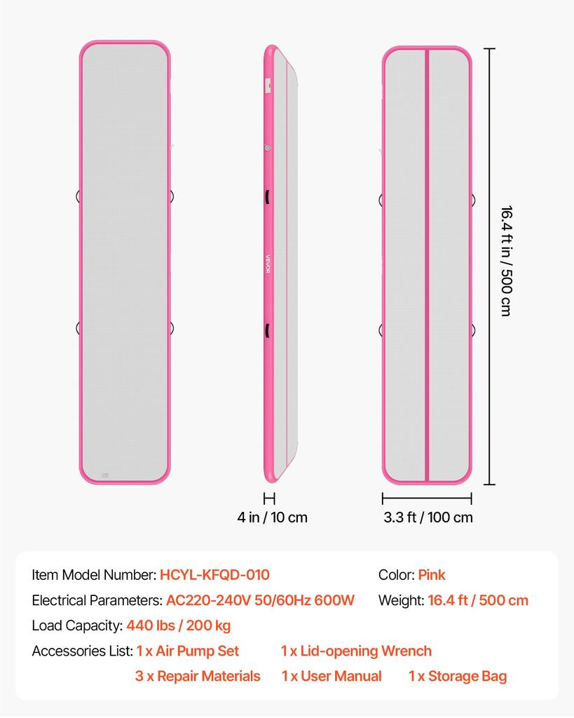 VEVOR Tapis Aérien Gonflable de Gymnastique 5m Tapis d'Entraînement avec Pompe Électrique, Épais de 10 cm Piste de Tumbling Robuste
