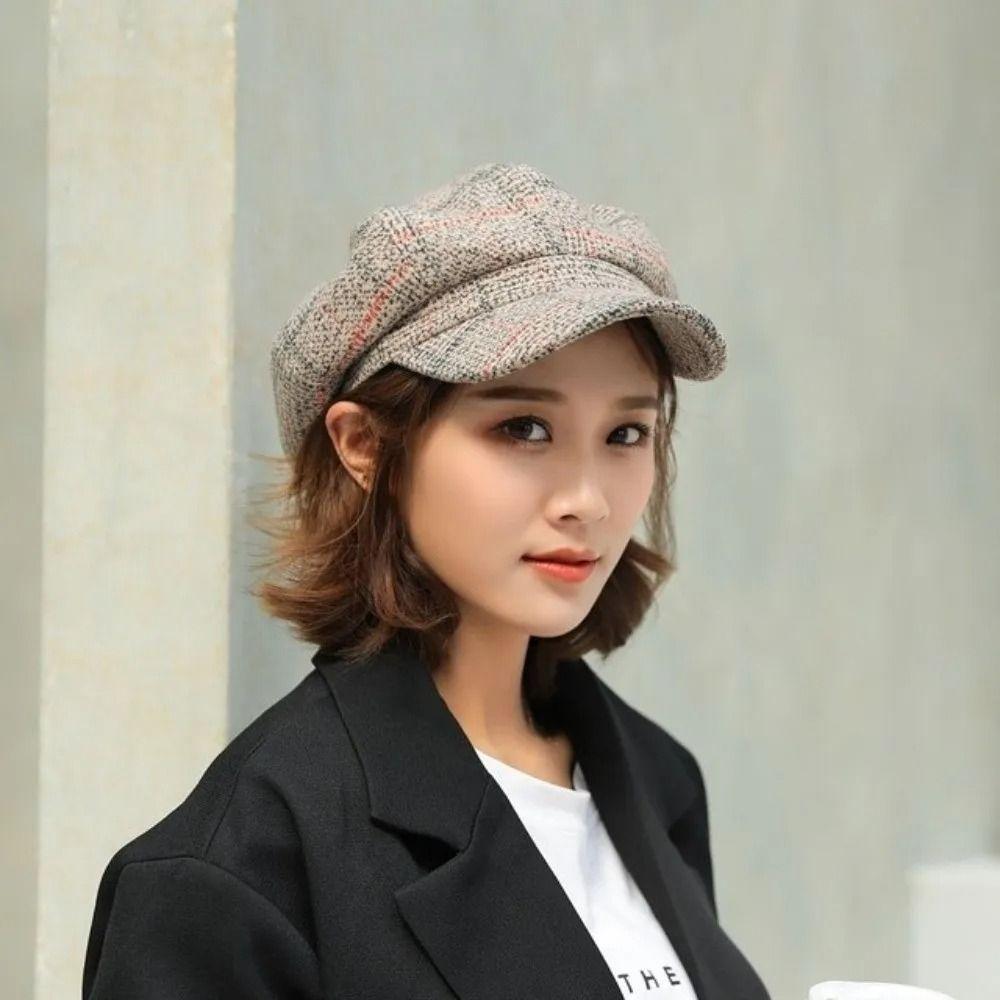 Plaid Design Woolen Hat Ear Protection Keep Warm Painter Caps Thick Material Korean Style British Berets Outdoor Activities