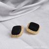 Cold Wind Fashionable Retro Fabric Square with Diamonds Black Stud Earrings Real Gold Color Retention Temperament Personalized Earrings Female