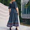 Summer Vacation Bohemian Dress Ethnic Style Patchwork A Line Maxi Dress Elastic Waist V Neck Short Sleeves Women Beach Dress Printing