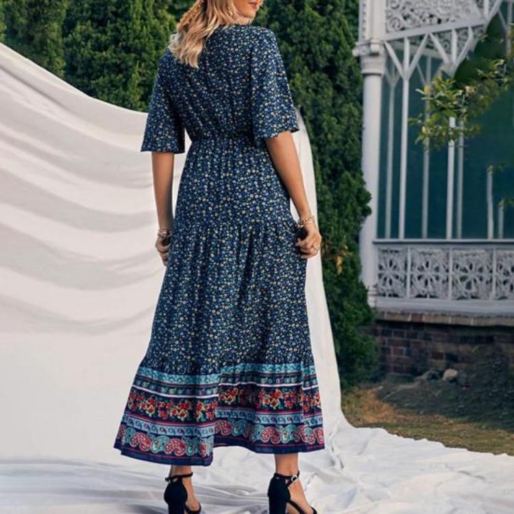 Summer Vacation Bohemian Dress Ethnic Style Patchwork A Line Maxi Dress Elastic Waist V Neck Short Sleeves Women Beach Dress Printing