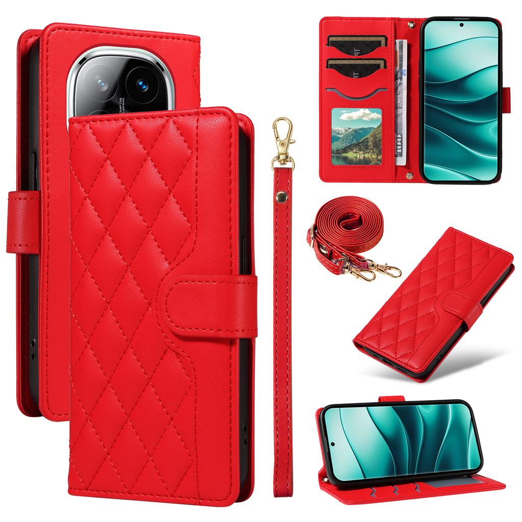 For Xiaomi Redmi Note 14 Pro+ 5G/Note 14 Pro 5G/Poco X7 5G Case Wallet Rhombus Leather Phone Cover with Shoulder Strap,Wrist Strap