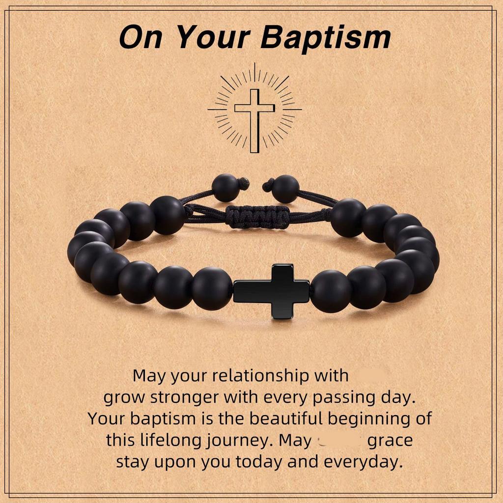 Father's Day Gift Bracelet Black Cross Pendant Black Rope Braided Adjustable 8mm Black Frosted Cross Bracelet