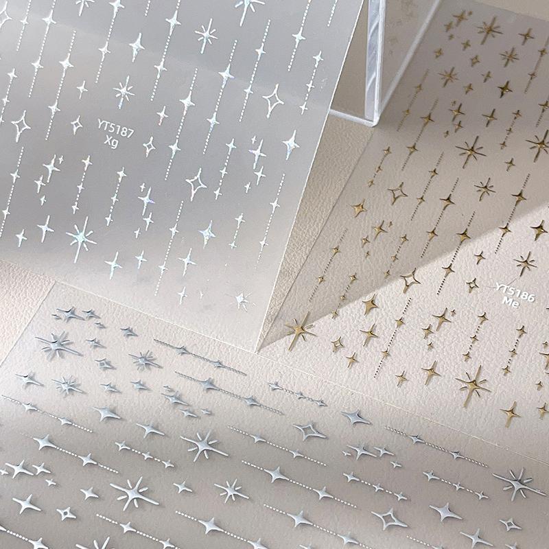 Gold Silver Stamped Starlight Laser Glitter Star Bronzing Relief Nail Art Decorations Stickers Manicure Decals