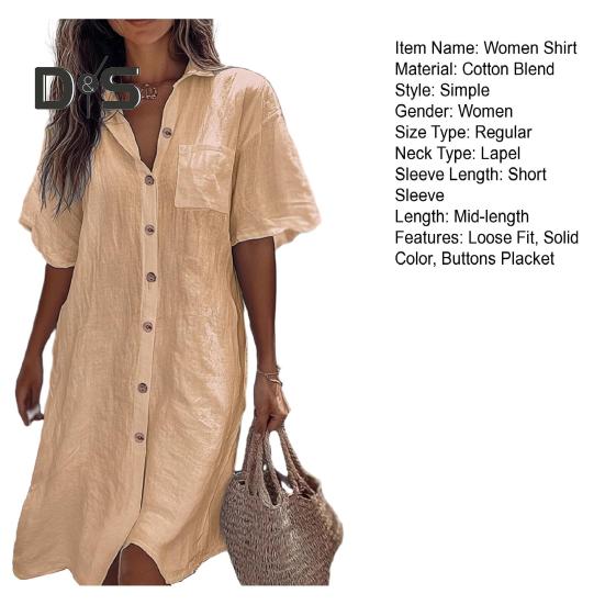 Dámská košile s klopami, krátkým rukávem, ležérní, dojížděcí styl, jednobarevná, volného střihu, knoflíková léga, pracovní košile