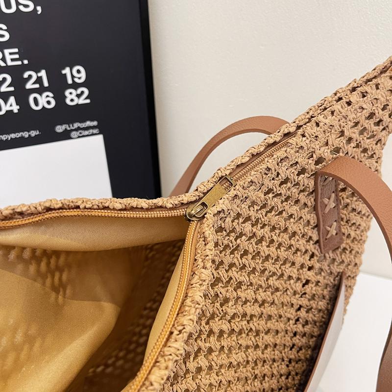Woven Tote Bag for Women Summer Beach Handbag with Faux Leather Strap Fashion Casual Carryall