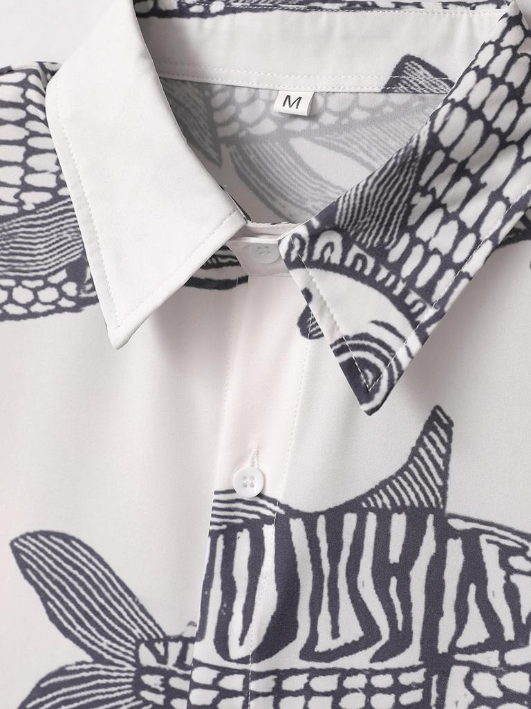 Übergroßes, lockeres Vintage-Kurzarmhemd mit Karpfen-Vollfisch-Print für Herren, lockeres Sommerhemd, trendiges Streetwear-Oberteil für Männer