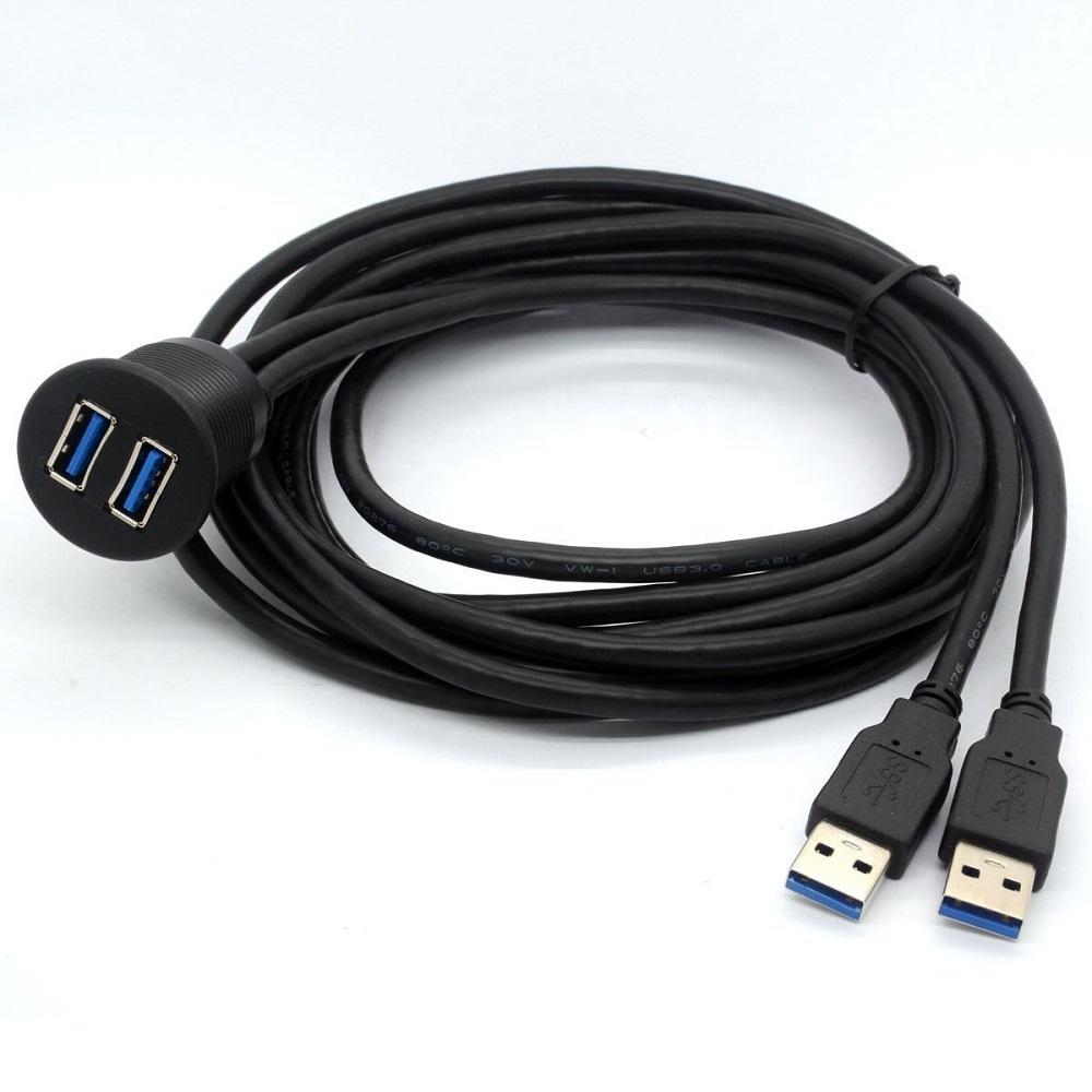 Dual USB 3.0 Male to 2 Ports Female AUX Flush Mount Extension Cable with 5A Fast Charging Pure Copper Conductors Foil Shielded 1 meter чёрный