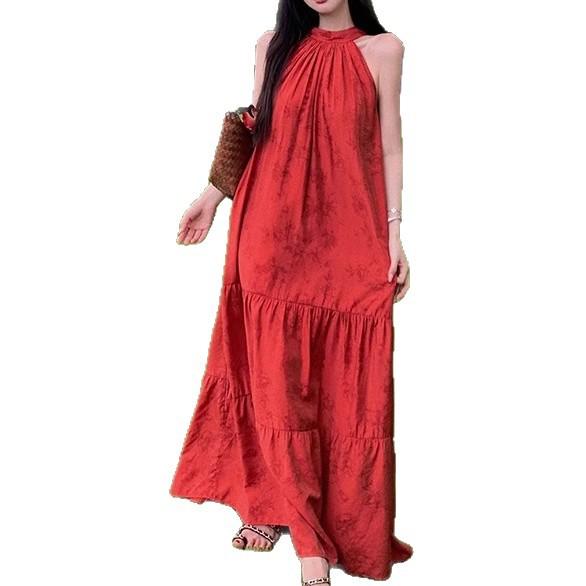 Red neck dress women's spring new holiday style design sense back lace temperament loose chic long dress