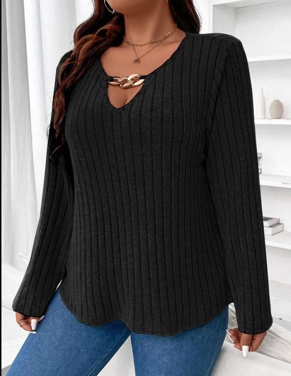 Women s Long Sleeve V Neck Knit Top Striped Design with Metal Chain Detail Multi Colors XL