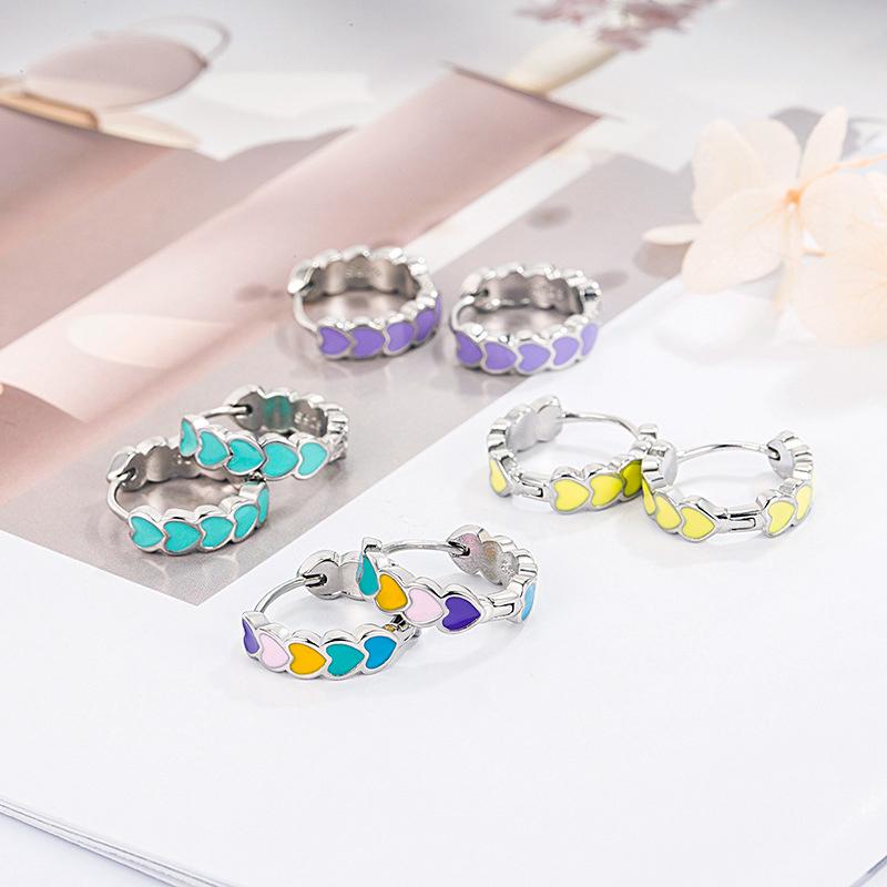 New 925 Sterling Silver Women Fashion Jewelry Heart Colorful Drip Glue Elegant Hoop Earrings Girl Birthday Gift Hook Ear Circle