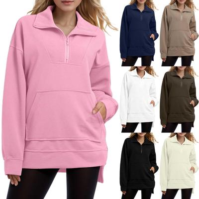 Women's Color Zip-Up Collared Sweatshirt Loose Fit Asymmetrical Hem
