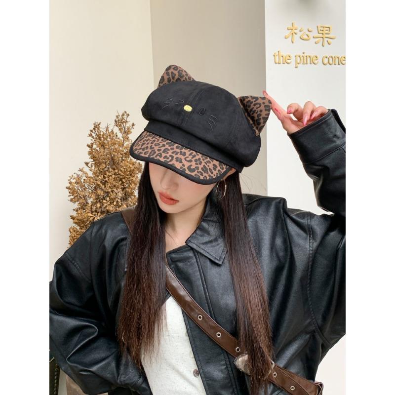Cute Leopard Print Ears Octagonal Hat For Large Head Size Spring Autumn