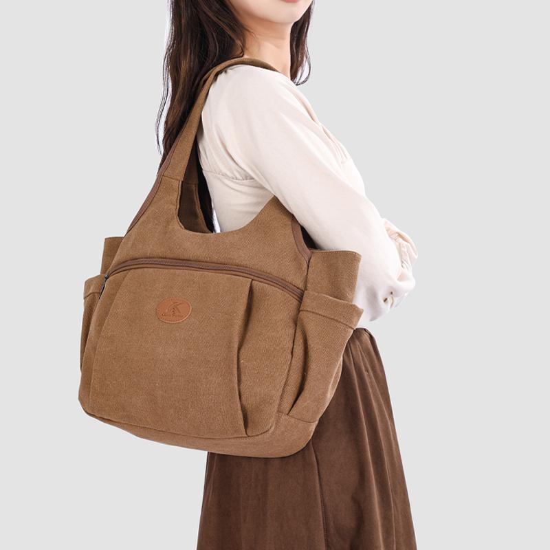 Vintage Women's Bag Large Capacity Canvas Tote Bag Solid Color Portable Shoulder Bag