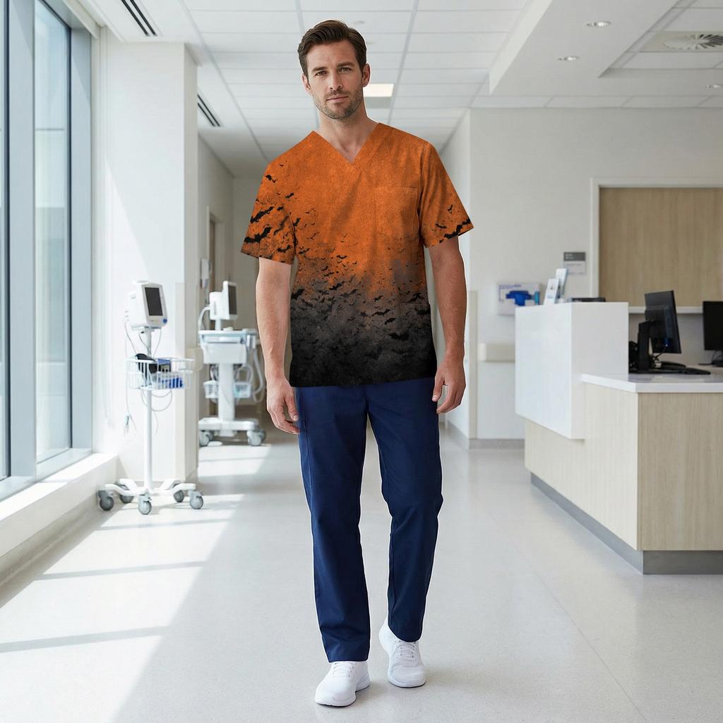 Men's V Neck Short Sleeve Halloween Print Medical Scrub Top with Chest Pocket and Two Lower Pockets Suitable for Healthcare Professionals