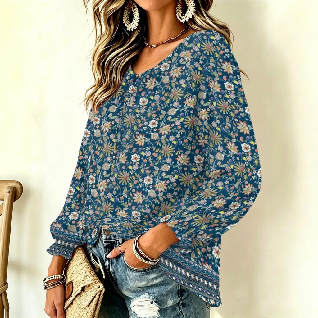 Damen Vintage Blumenmuster Halsschleife Vorne Langarm Rüschen Pullover Top