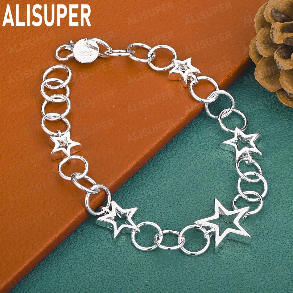 925 Sterling Silver Star-Shaped Side Chain Bracelet Gift Jewelry 20CM