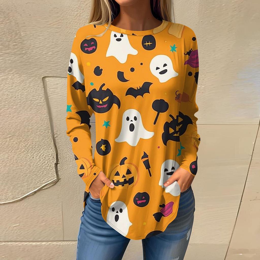Moda para Mujer Suelto Cuello Redondo Halloween Estampado Manga Larga Camiseta Top Jersey