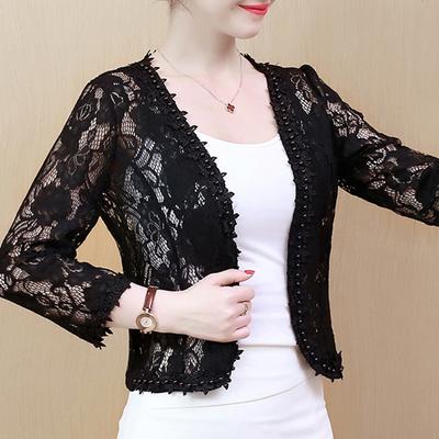 Sommer Aushöhlen Spitze Strickjacke Kurze Frauen Jacke Mode Perle Schwarz Weiß Spitze Jacke Strickjacke Frauen J210