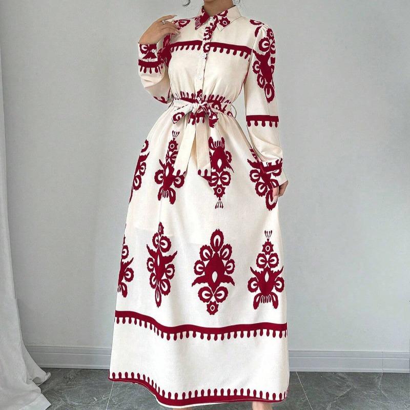 Mote Vintage Langermet Løse Hverdagskjoler Dame Knapper Revers A-linje Trykket Skjortekjole Dame Høy midje Snøring Lang Kjole Vår Ny 25892