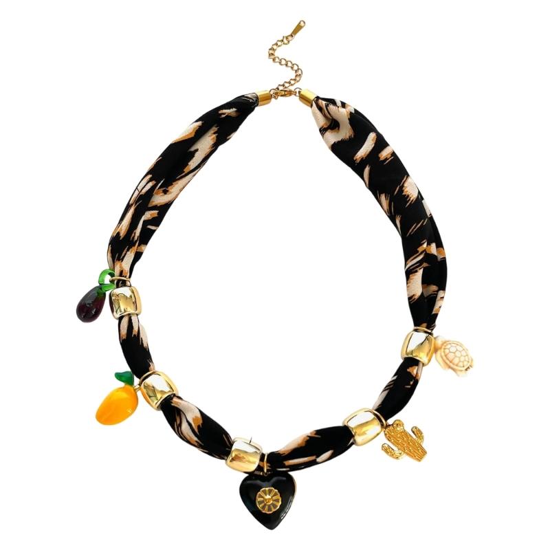 Stylish Leopard Print Rope Necklace With Floral Heart Pendant for Women Fashion Jewelry Gift