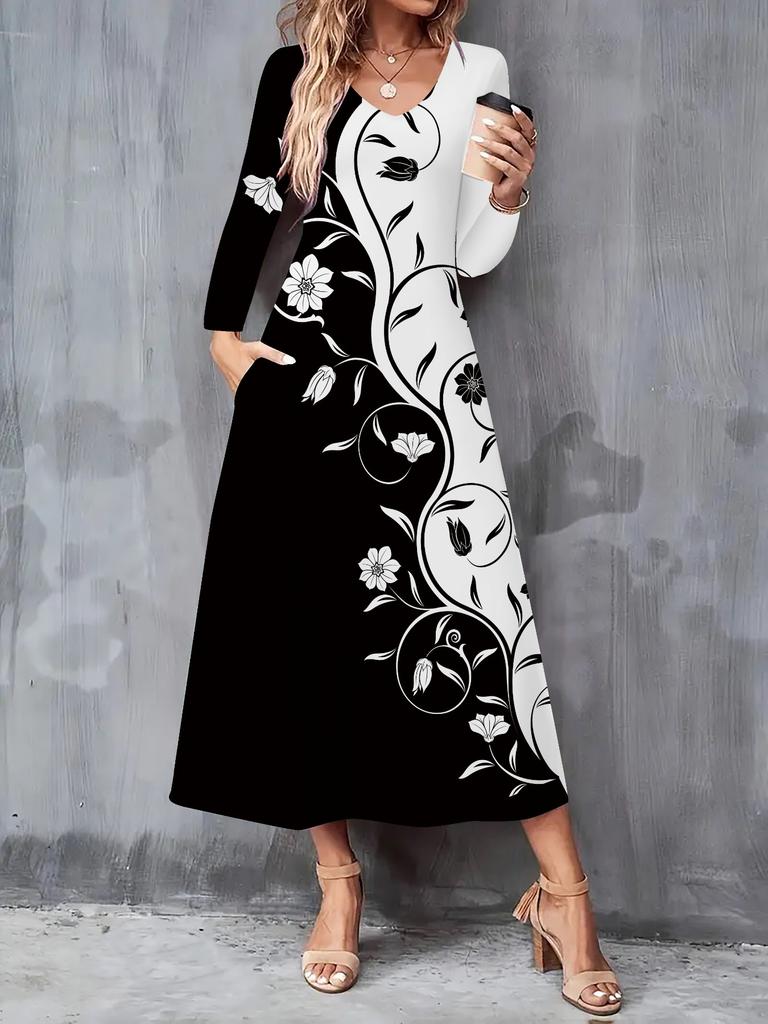 2025 Herbst und Winter Neues Damen Casual Modekleid 3D Retro Musterdruck Langarm V-Ausschnitt A-Linien-Kleider