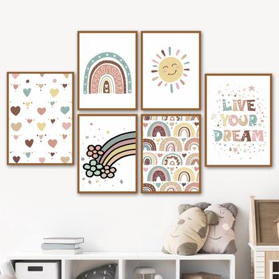 Desenhos animados viva seu sonho citações pôsteres nórdicos arco-íris sol estrelas em forma de coração arte pintura em tela fotos de parede decoração de quarto infantil