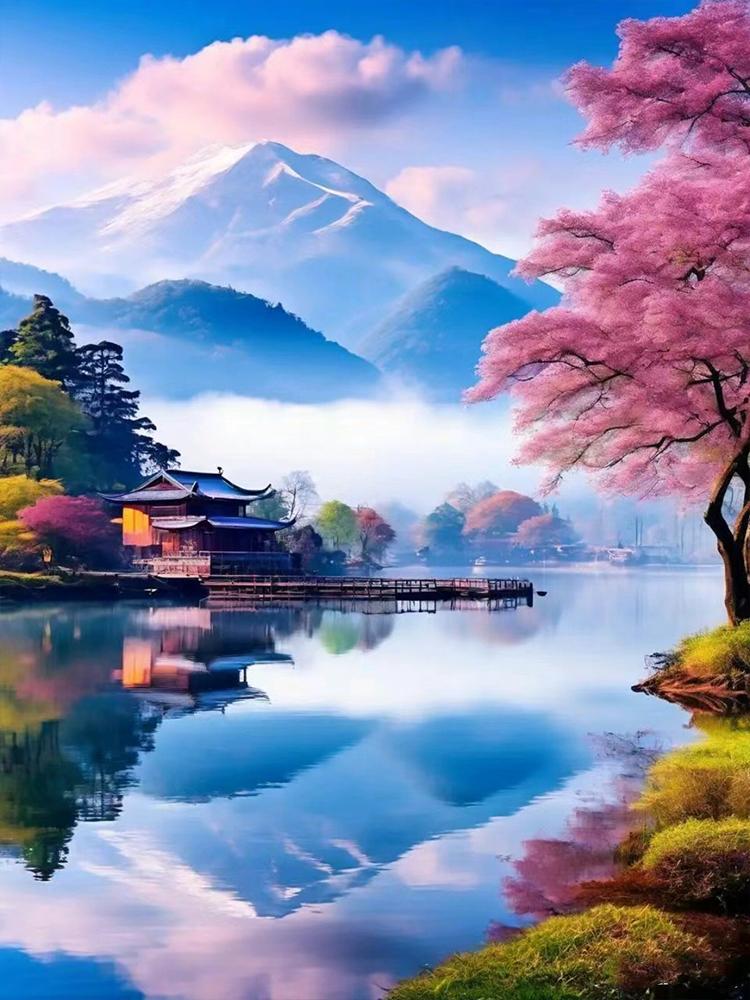 5D DIY Diamond Painting Landscape Mosaic Landscape Mountains and SeasSakura Tree Cross Embroidery Home Wall Art Decoration