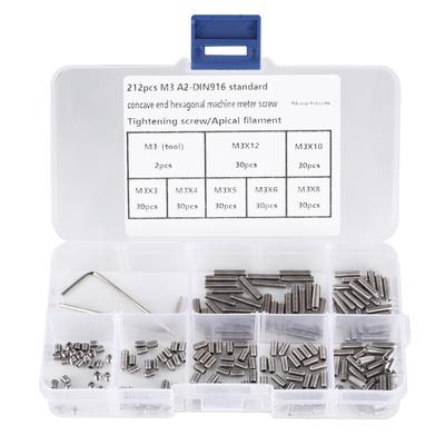 212Pcs Grub Screws Stainless Steel M3 A2DIN916 Inner Hex Concave End Tighten Screw Headless
