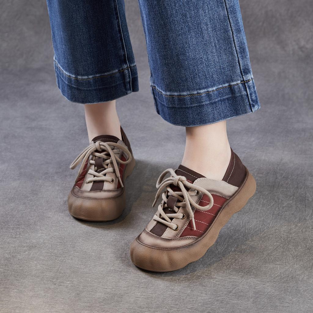 Johnature Genuine Leather Mixed Colors Casual Shoes Versatile Soft Soled Lace-up Flat Women's Shoes