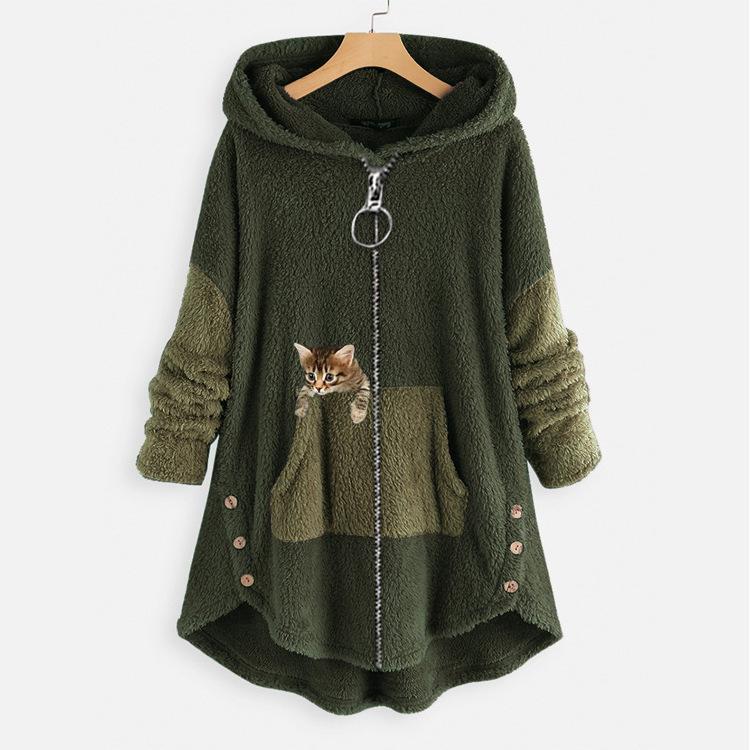 Women's Plus Size Zip Hoodie Cat Print Cuddly Fleece Jumper Teddy Jacket Plush Hoodie Pullover Long Sweatshirts