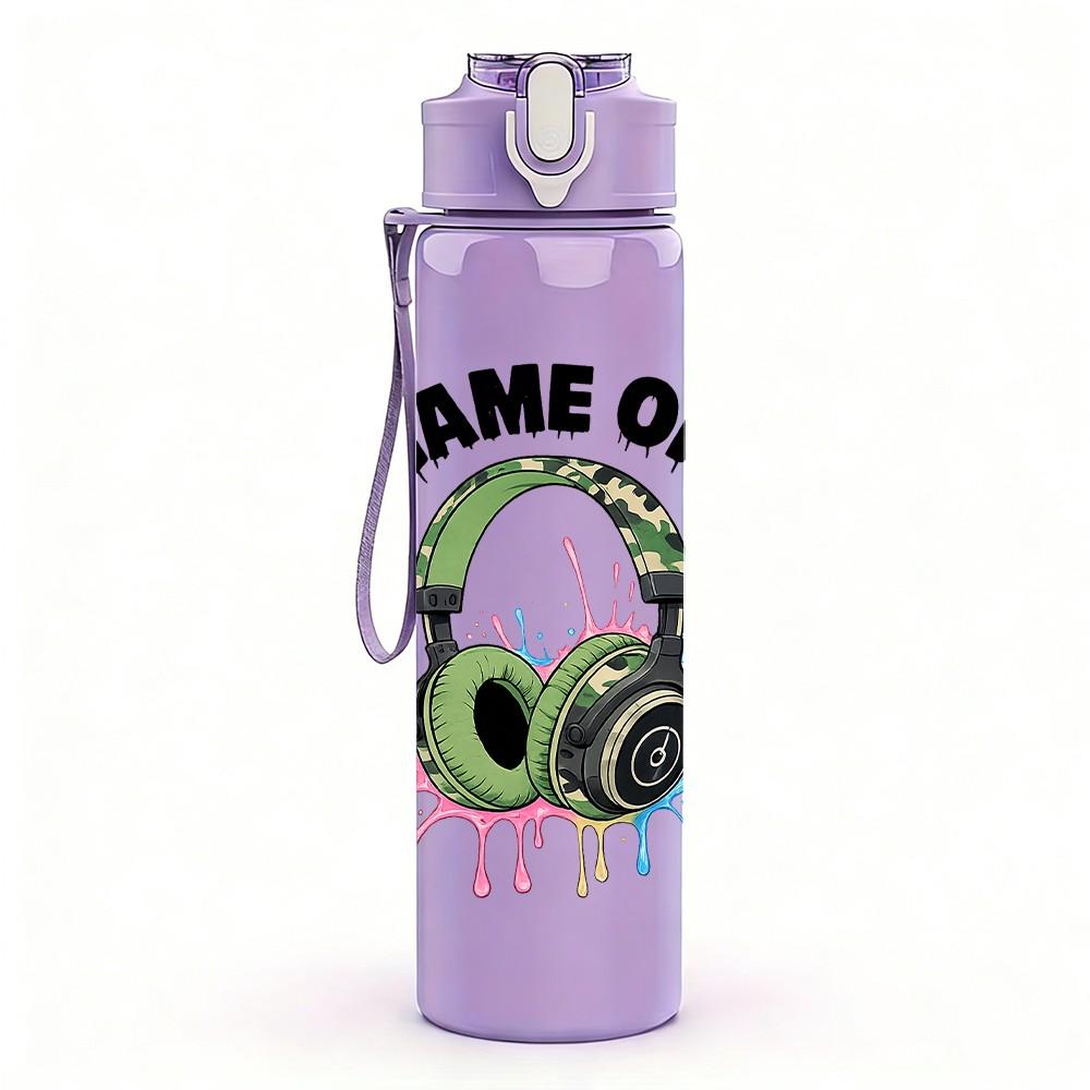 1PC Game On Headphone Gaming Slogan Print 750ml Color Plastic Sports Water Bottle Leakproof Flip Straw Lid Suitable for Sports Office Home Use
