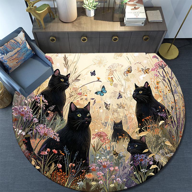 Black Cat Round Area Rug,Carpet Rug for Living Room Bedroom Sofa Playroom Decor,Non-slip Floor Mat