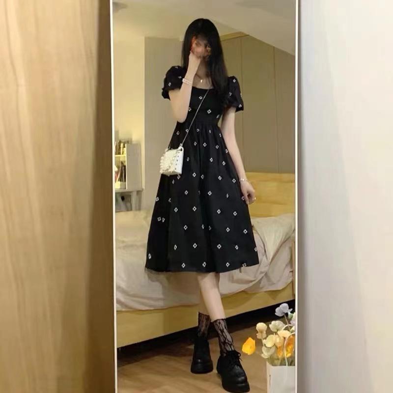 2025 French Summer Floral Square Neck Black Dress - Women's Slim Fit, High-End, Long.