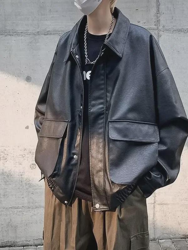 Men's Trendy Hong Kong Style Leather Motorcycle Jacket - Loose Fit, Handsome Workwear Parka