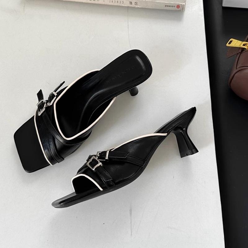 Fashion SUOJIALUN 2025 New Brand Women Slipper Fashion Square Toe Slip On Ladies Elegant Slides Square High Heel Outdoor Dress Sandal